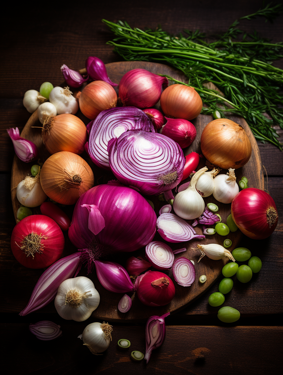 Assortment of yellow, red and white onions with garlic arranged on a dark surface.