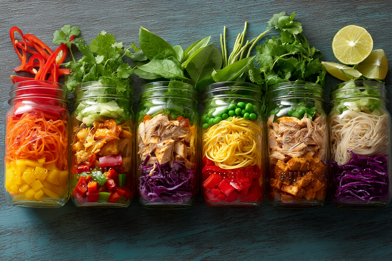 DIY mason jar noodle lunch with vegetables and noodles