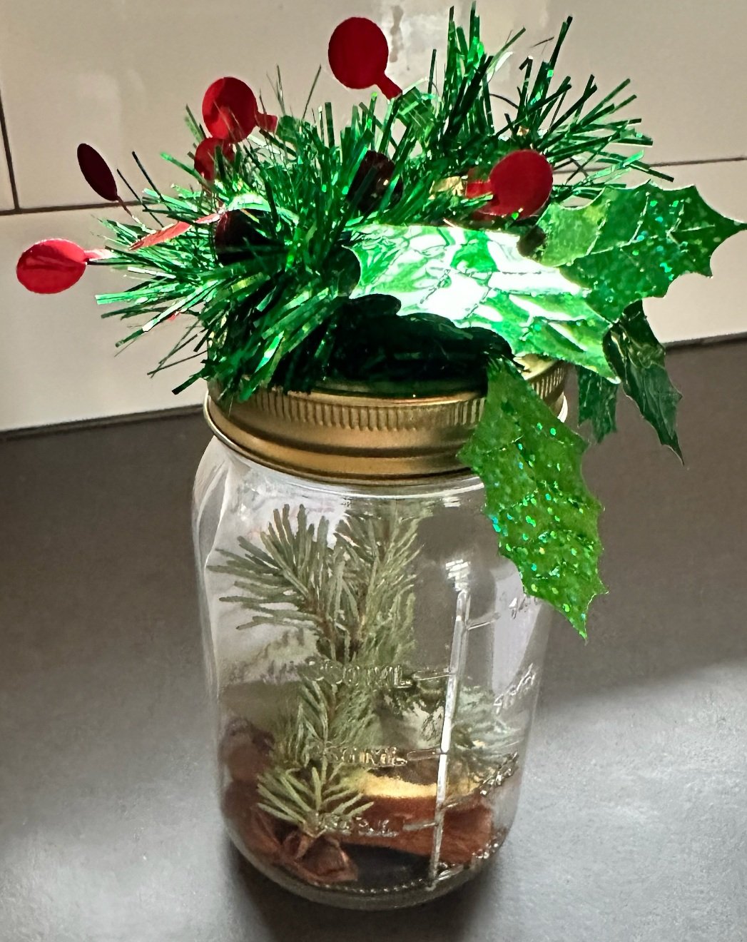 DIY simmer pot gift in a mason jar with dried orange, cinnamon, pine and star anise