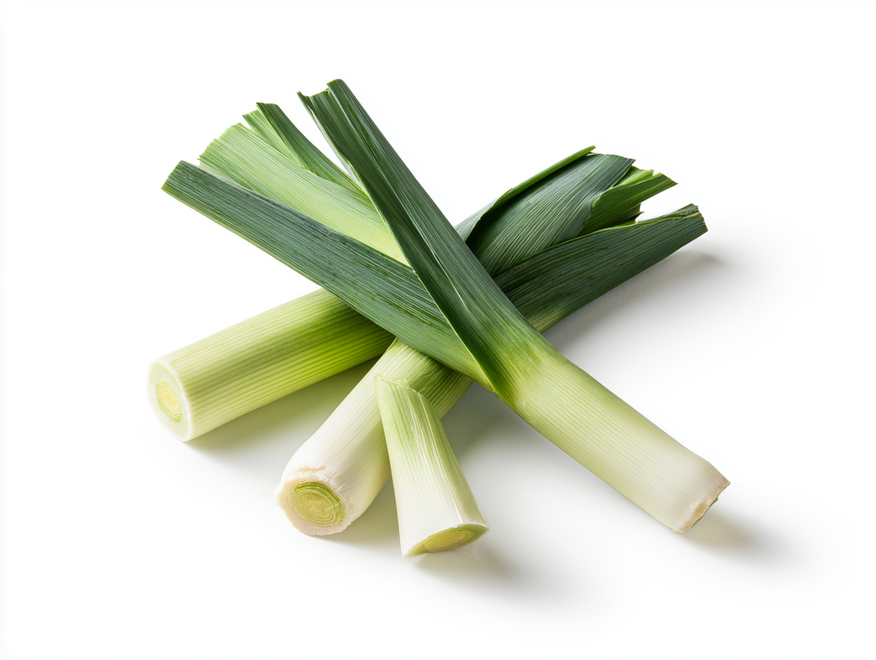 Whole and cut leeks showing white stalks and broad green leaves.