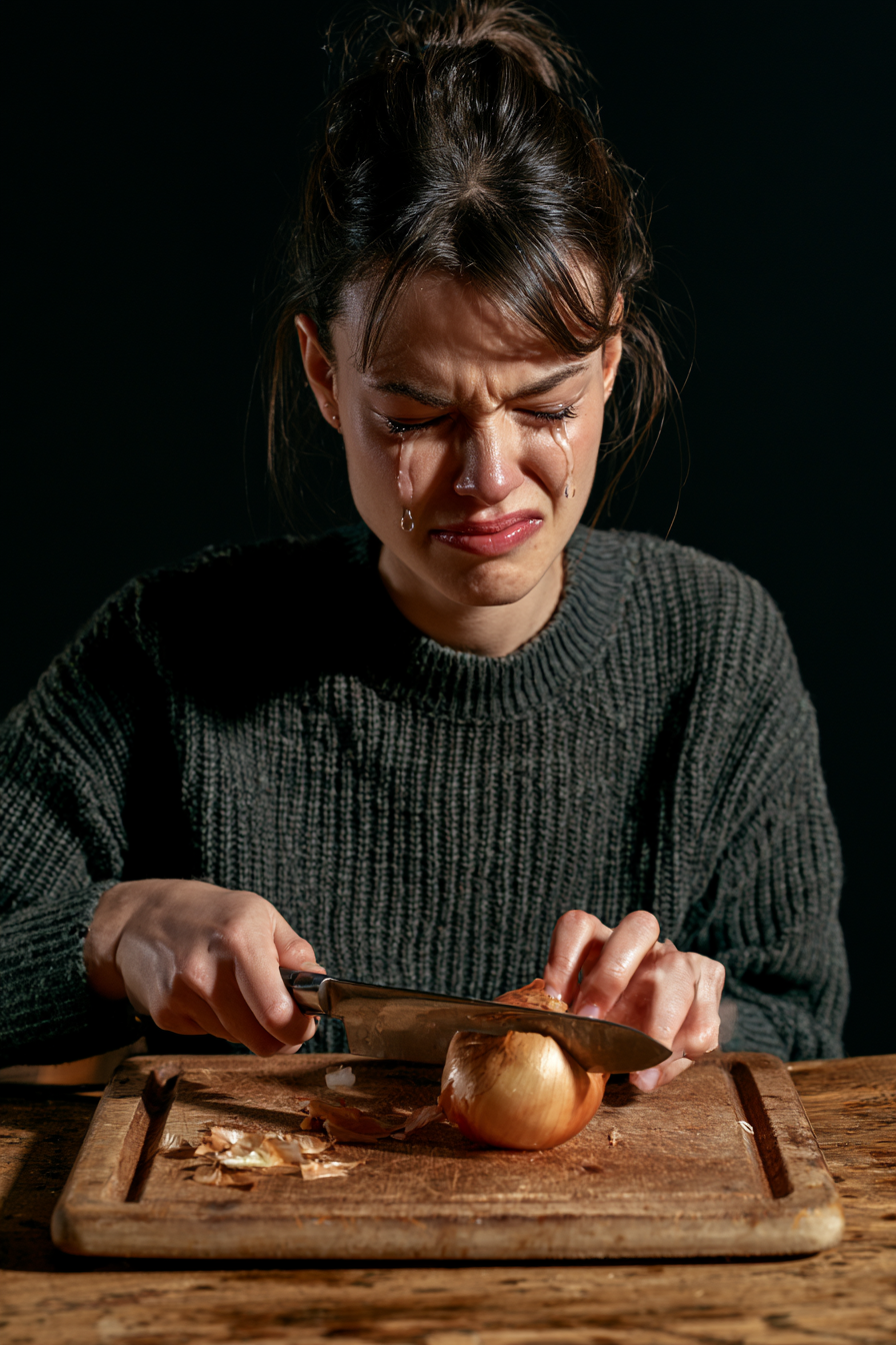 Person reacting to irritated eyes while cutting an onion.