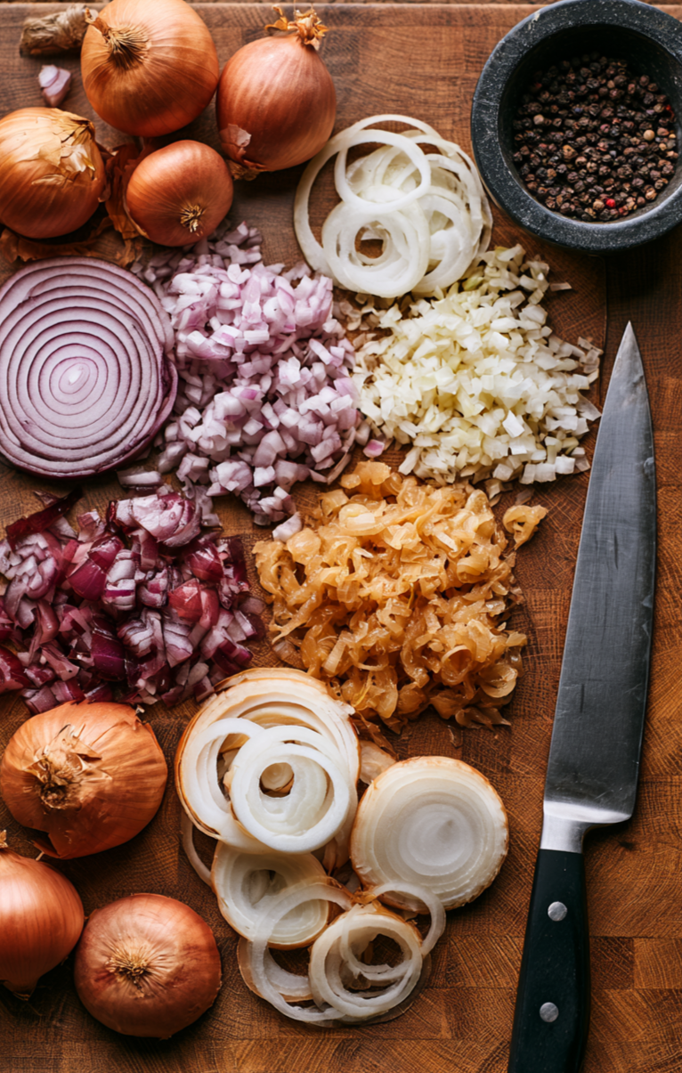 Whole, sliced, diced and chopped onions on a cutting board beside a kitchen knife.