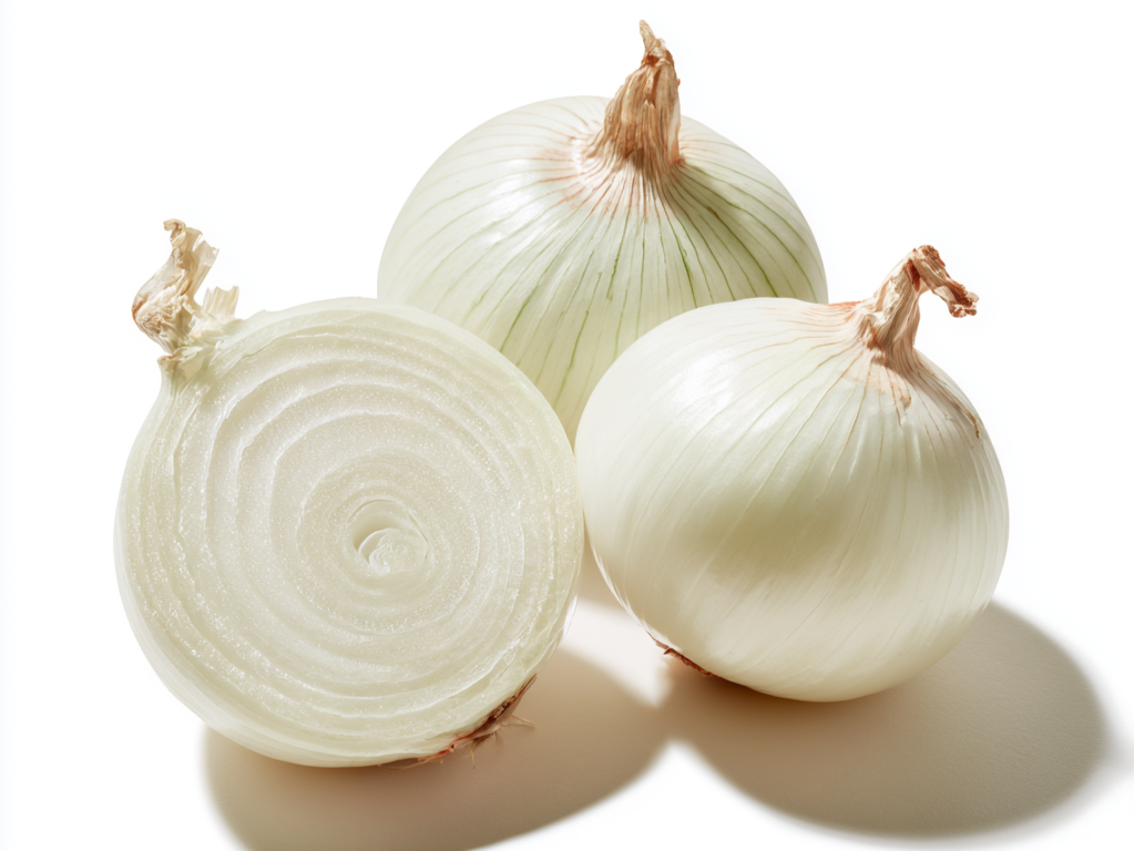 Whole and halved white onions showing white skin and crisp white interior.