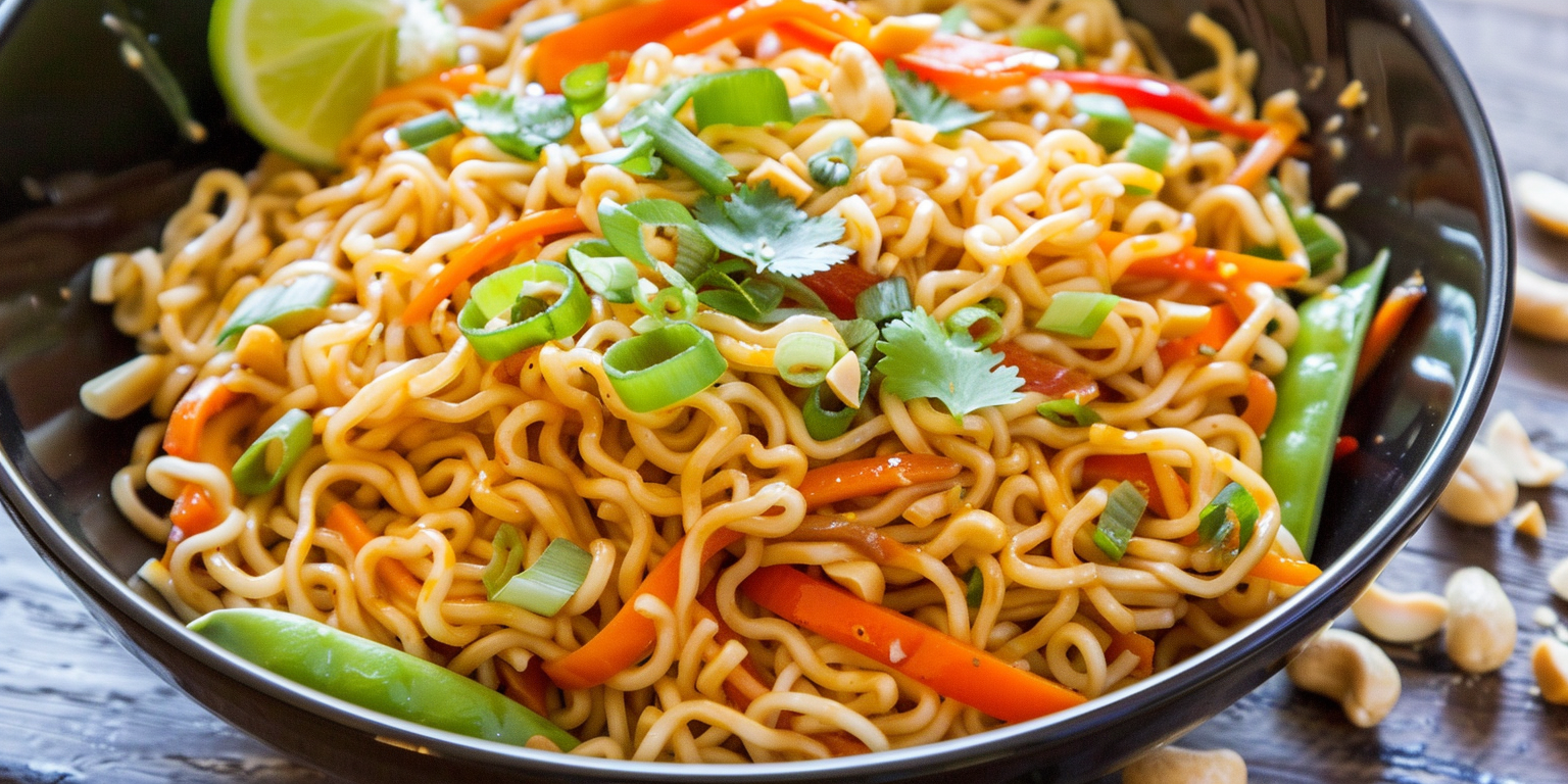 Ramen noodles with vegetables and creamy Thai peanut sauce