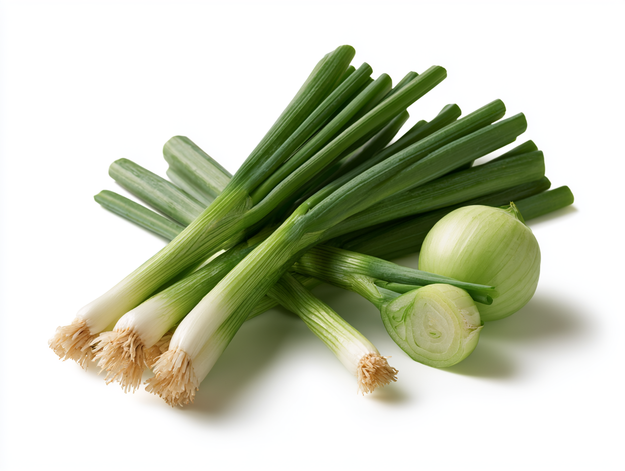 Bunch of fresh green onions with white bases and long green tops.
