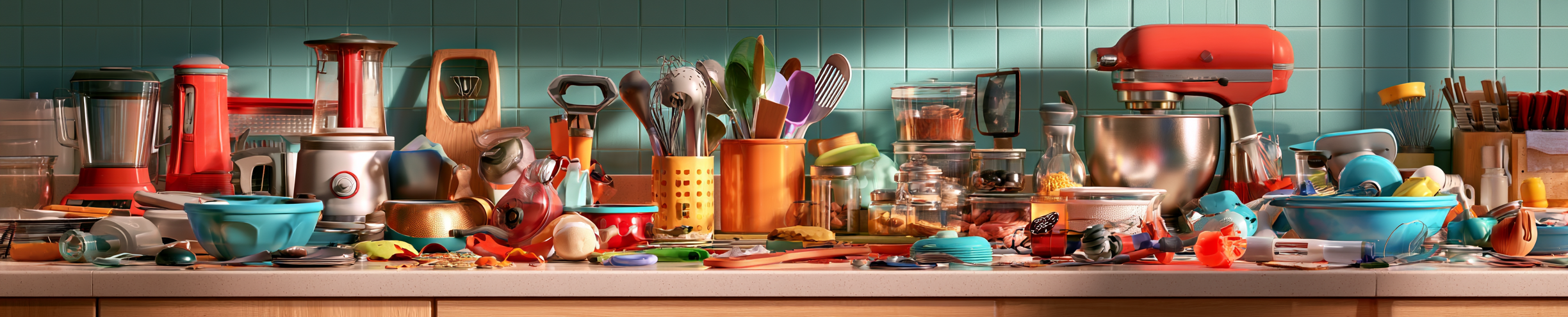 Cluttered kitchen counter filled with gadgets and appliances before decluttering