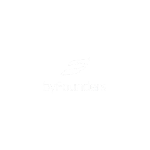 Black background with a white abstract logo and the text "byFounders" underneath.