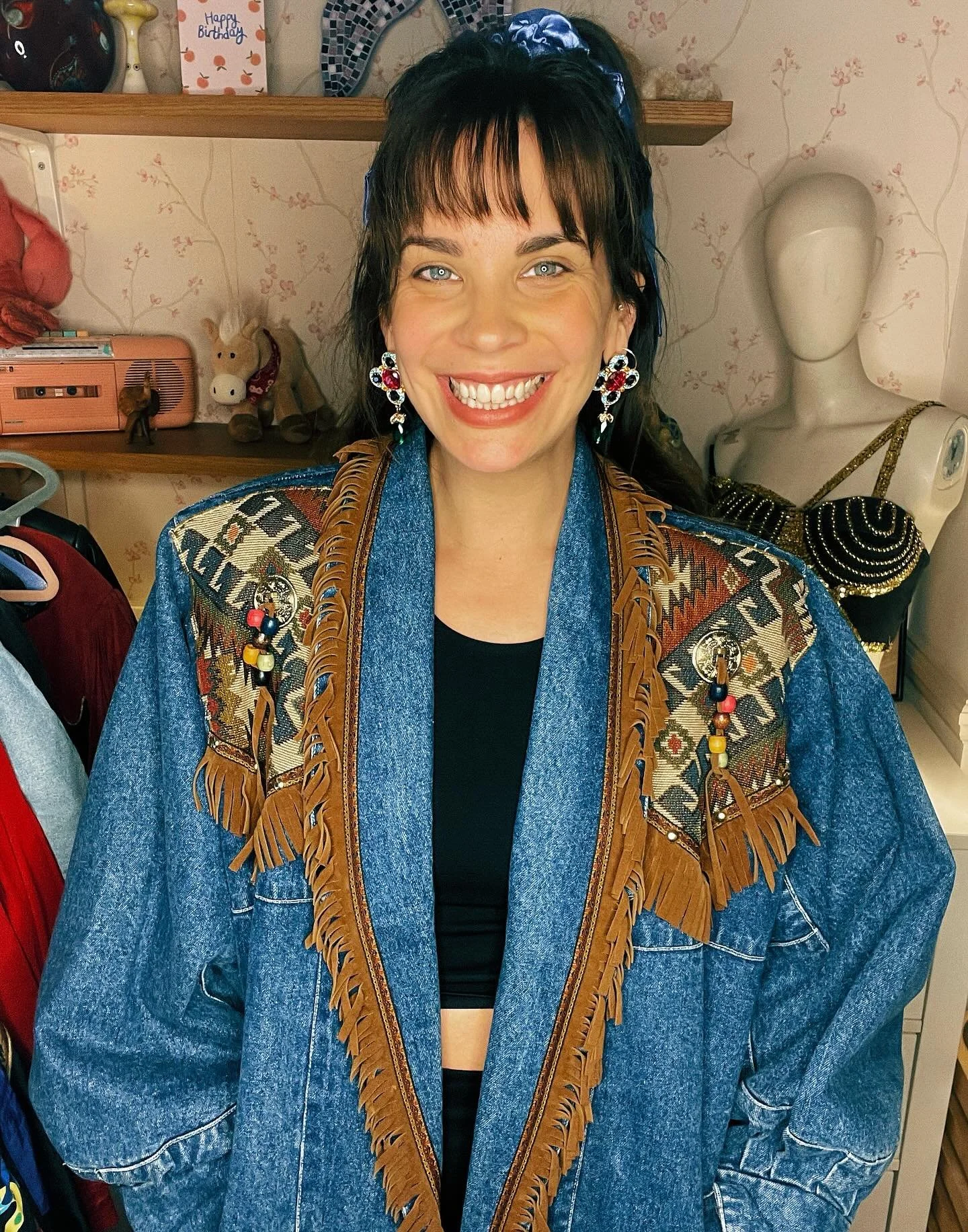 🌟AVAILABLE🌟 

*PREMIUM PIECE VIA WEBSITE* 

Yummy Aztec inspired western denim with fringe, beading and tapestry appliqu&eacute; 

A beautiful example of Americana vintage. This denim is in pristine condition and I absolutely love the tapestry deta
