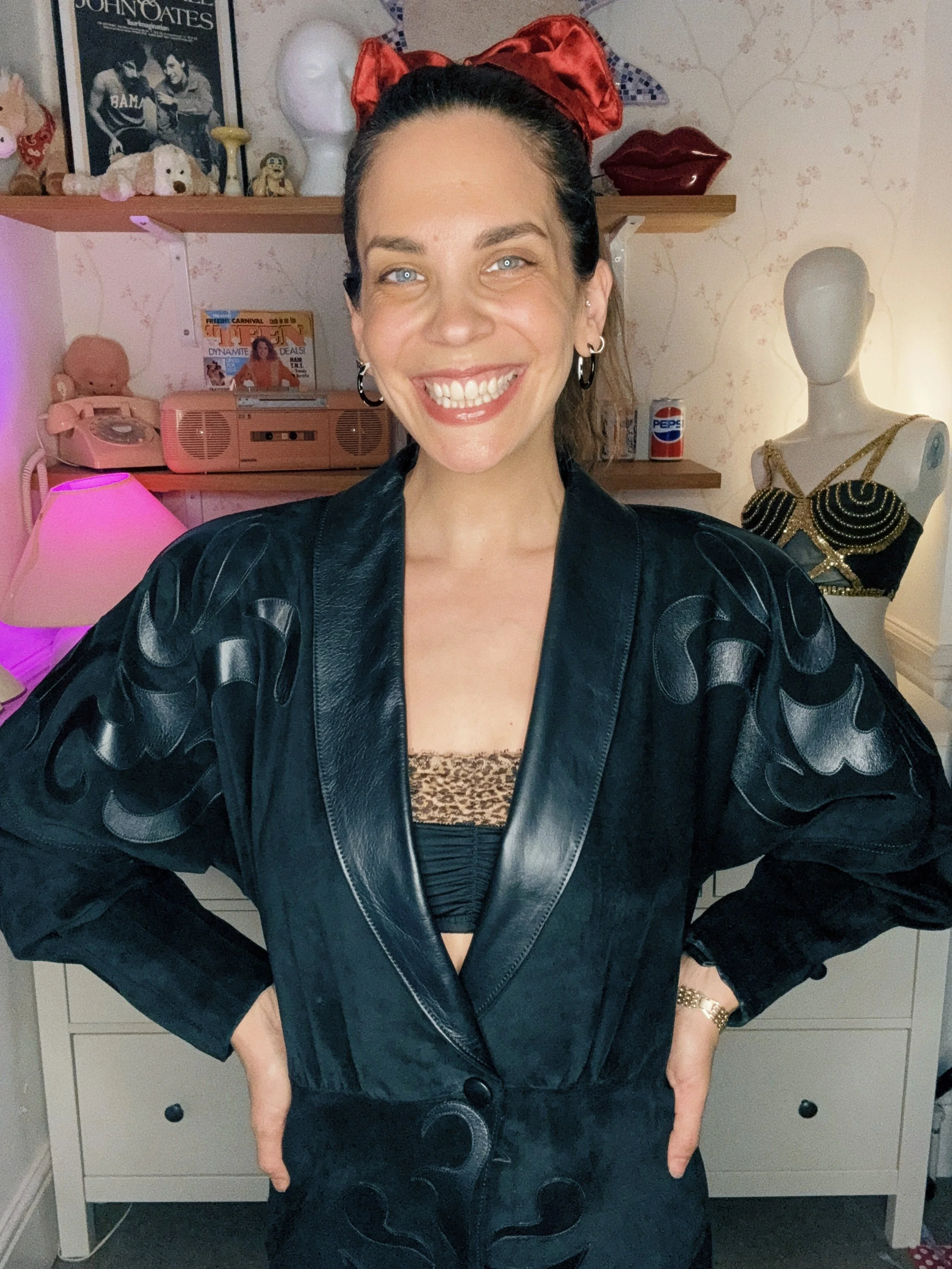 1980s black suede jacket w/ leather appliqué