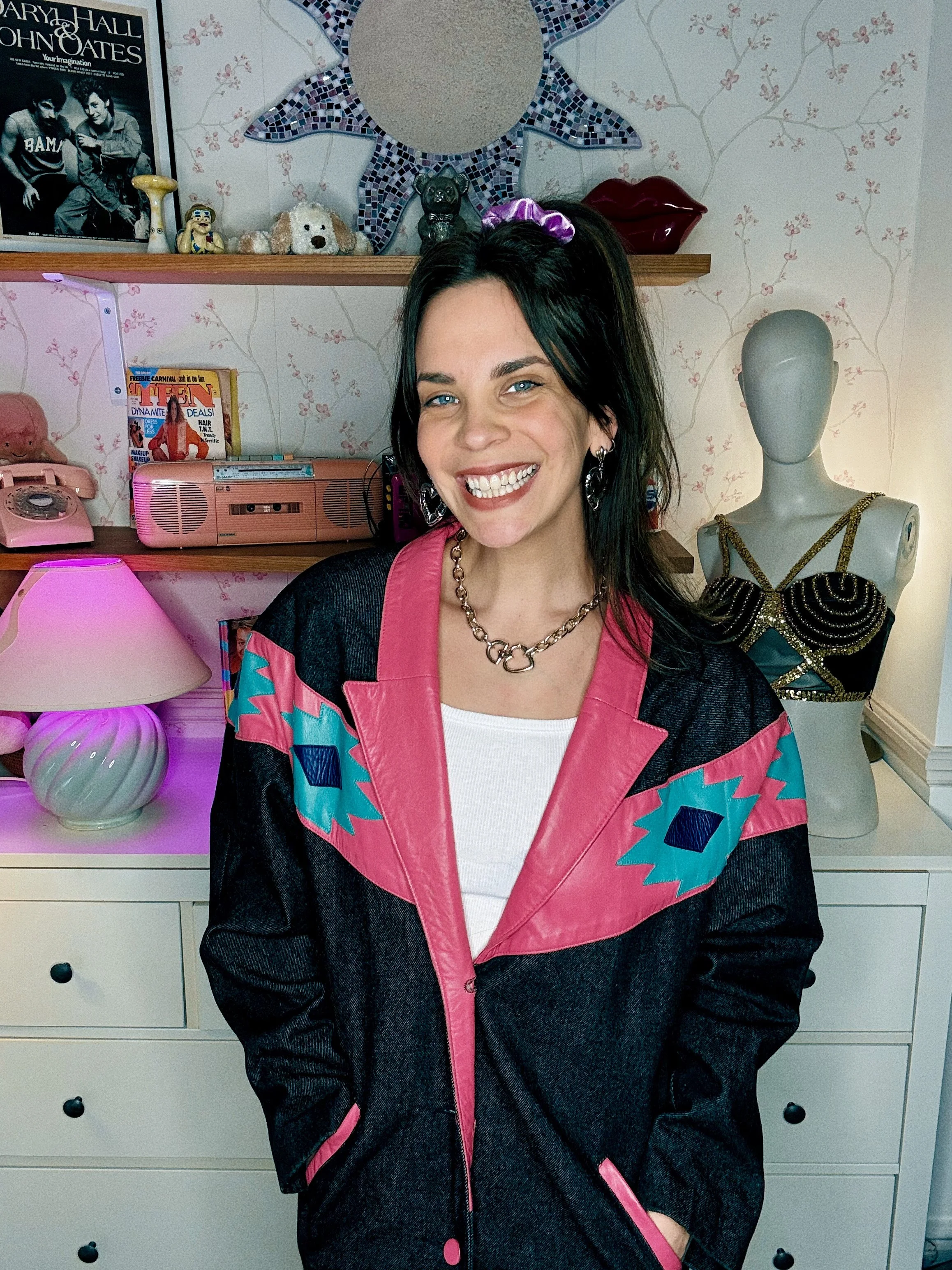 1980s Denim Jacket w/ colourful leather detail