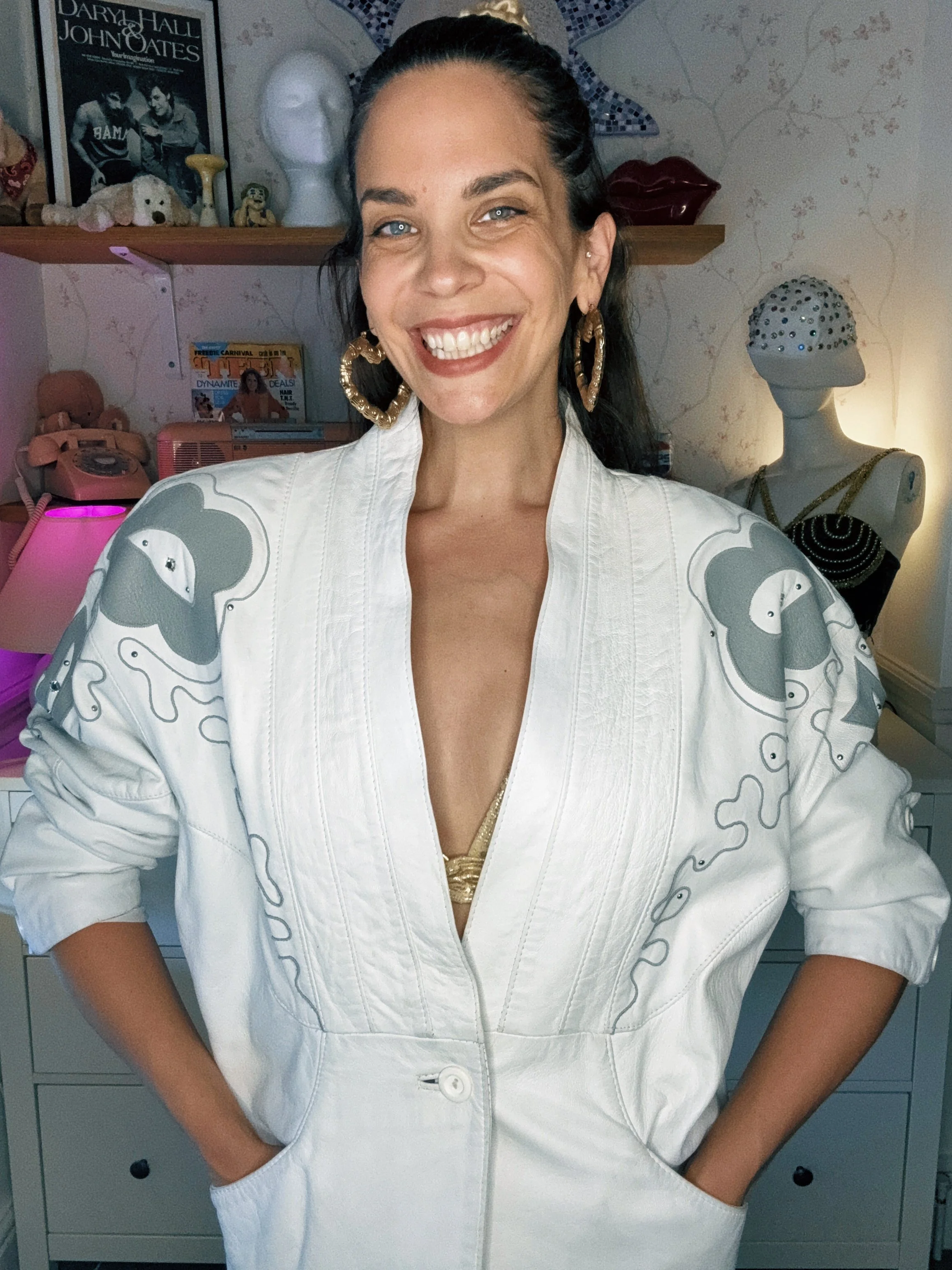 1980s White Leather Batwing w/ Appliqué & jewels