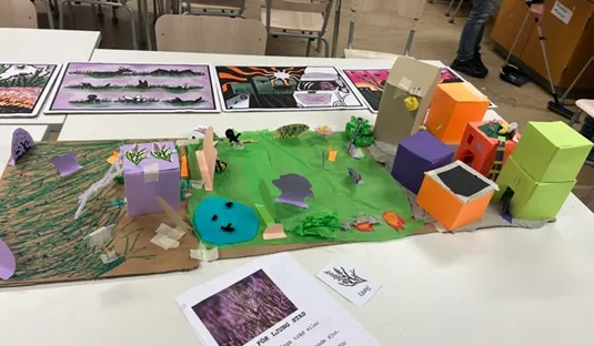 miniature buildings in a worskhop or class room