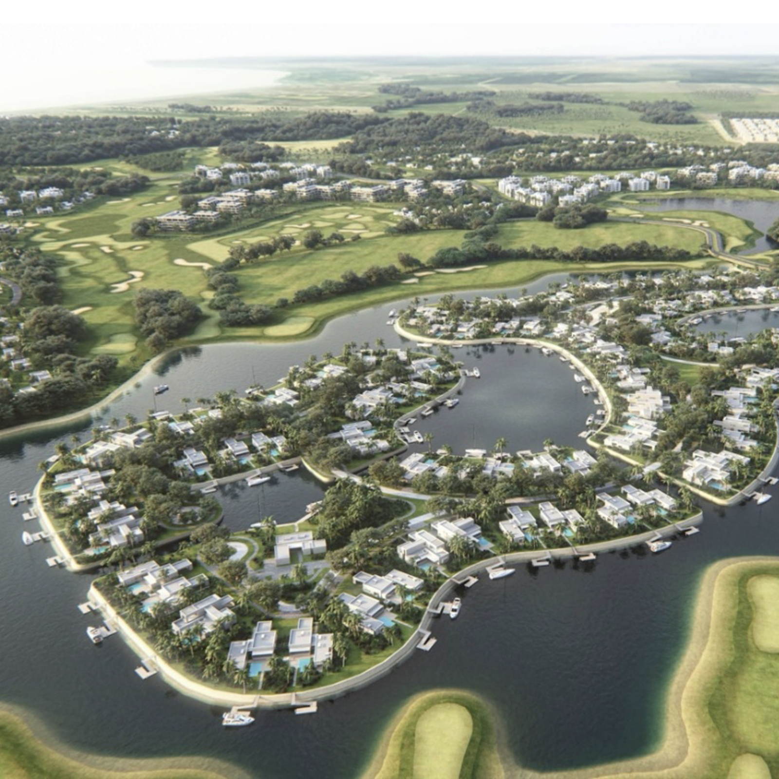 Figure 3: Rendering of Estuario, a part of Serena del Mar from an aerial perspective.
