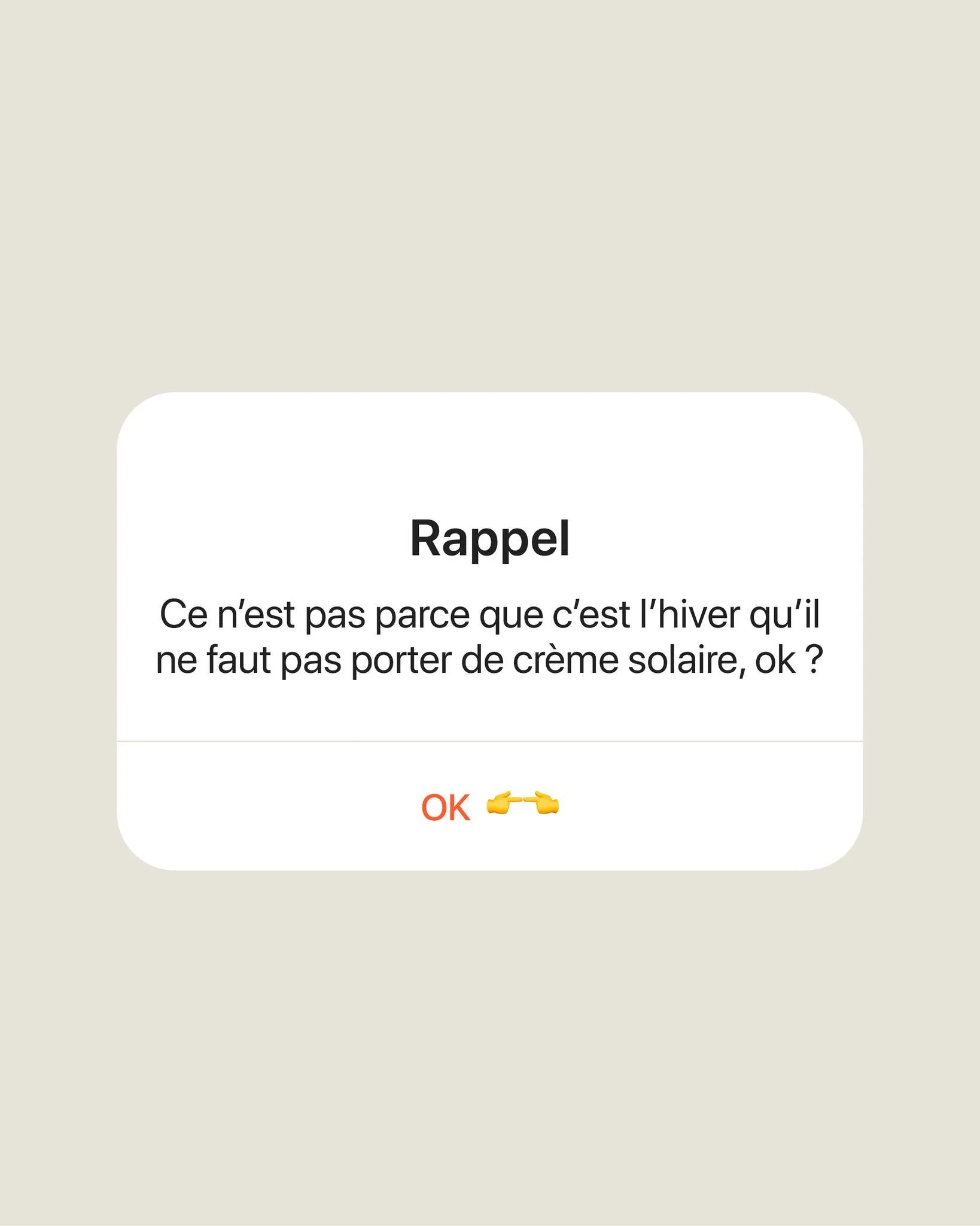 On ne vous le r&eacute;p&eacute;tera jamais assez ! 

En effet, les rayons UV, responsables du vieillissement pr&eacute;matur&eacute; de la peau, traverses les nuages. Il est donc important de s&rsquo;en prot&eacute;ger toute l&rsquo;ann&eacute;e, y 