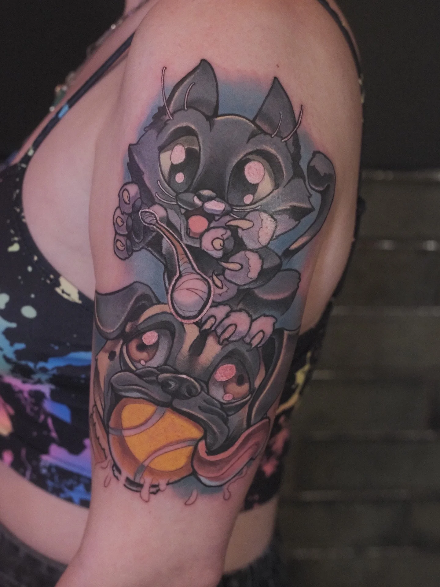 One of the funnest pet portraits I’ve done. Thanks to Alexandra for giving me the chance to really go mad with the design! First time I’ve ever tattooed a cotton bud 😂 
#pettattoos #newschooltattoos #cartoonartstyle #surreytattoo #uktat