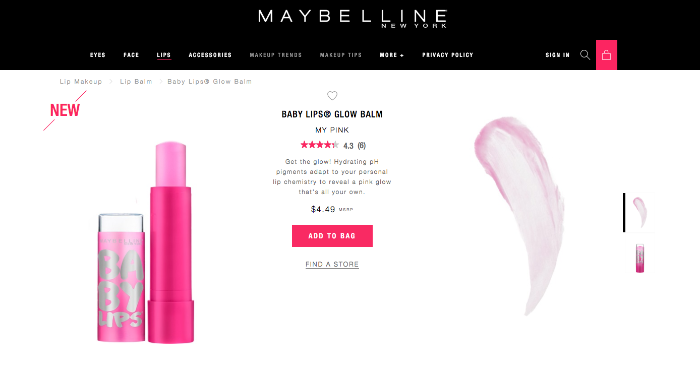 Maybelline Baby Lips Glow Balm, My Pink shade, with tube and swatch image, $4.49 price displayed.