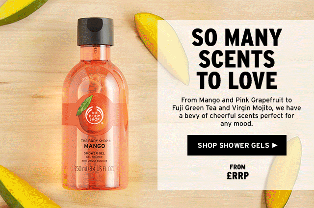 Advertisement featuring The Body Shop Mango Shower Gel bottle on a wooden surface with mango slices. Text highlights diverse scents available and offers a link to shop shower gels.