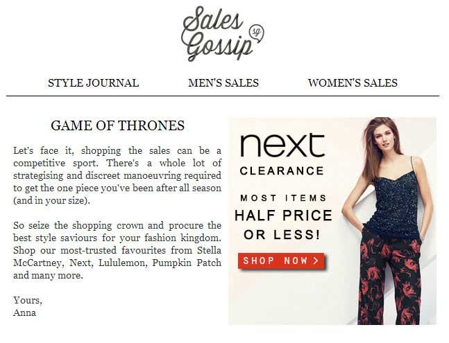 Newsletter titled 'Sales Gossip' featuring shopping tips, links to Style Journal, Men's and Women's Sales, and an advertisement for 'Next Clearance' with a female model.