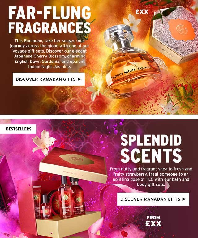Advertisement featuring exotic fragrance and scent gift sets for Ramadan. Top section highlights "Far-Flung Fragrances" including Indian Night Jasmine perfume with floral background. Bottom section focuses on "Splendid Scents" with bath and body gift