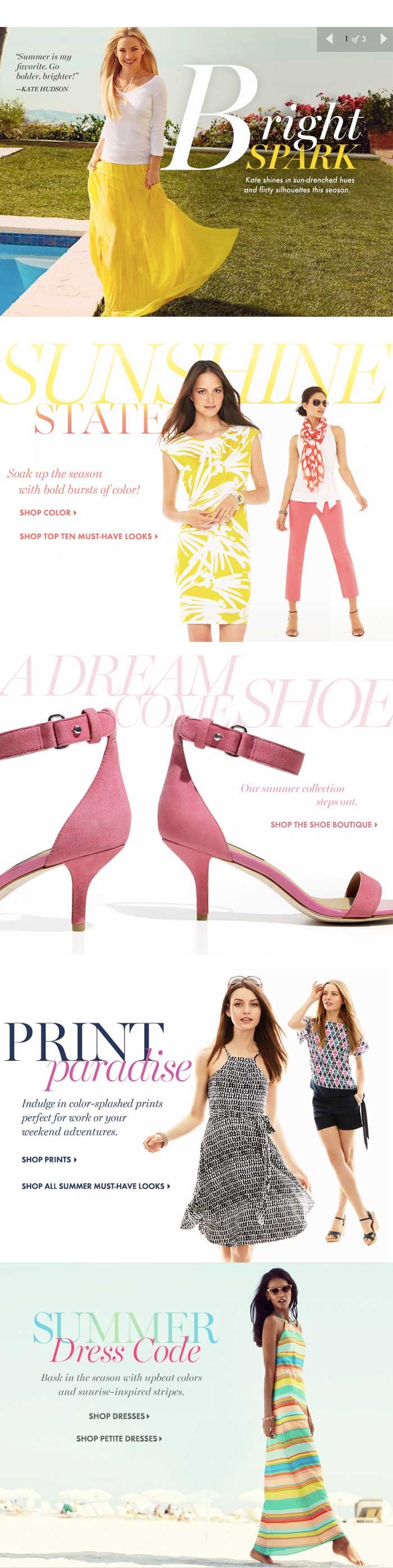 Fashion advertisement featuring summer outfits and accessories, including a woman in a yellow skirt, colorful dresses, pink heels, and beachwear.