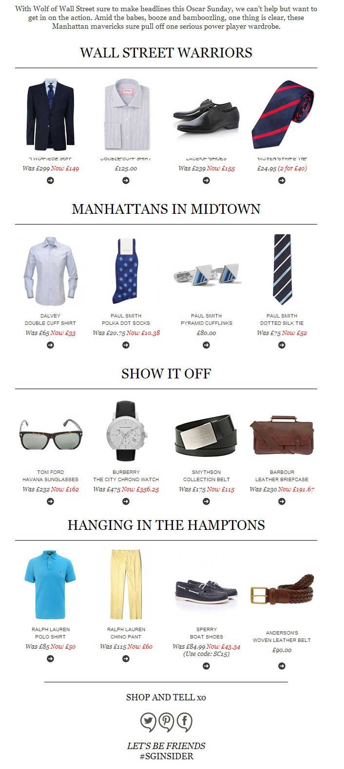 Fashion advertisement showcasing men's clothing and accessories, featuring suits, shirts, shoes, ties, socks, cufflinks, sunglasses, watches, belts, briefcases, polo shirts, pants, and boat shoes with discounted prices.