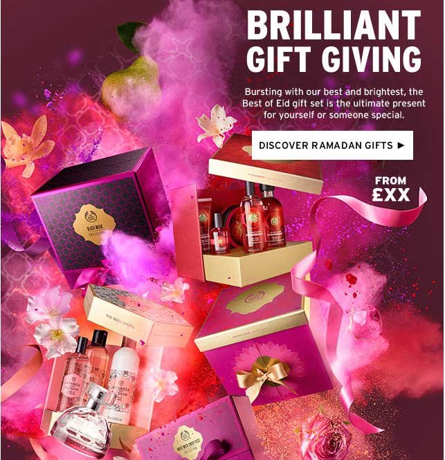 Brilliant gift set with colorful packaging, featuring beauty products and flowers, promoted for Ramadan and Eid gifting.