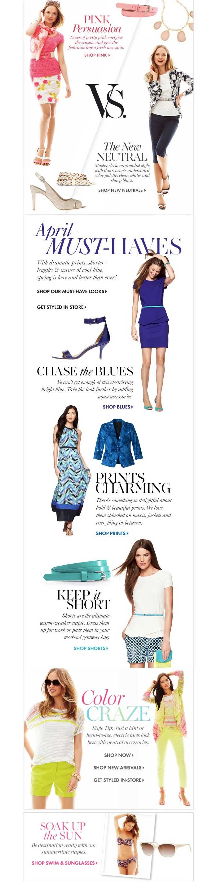 Fashion catalog page showcasing women's spring clothing trends, featuring dresses, skirts, shorts, and accessories in pink, blue, and neutral colors.