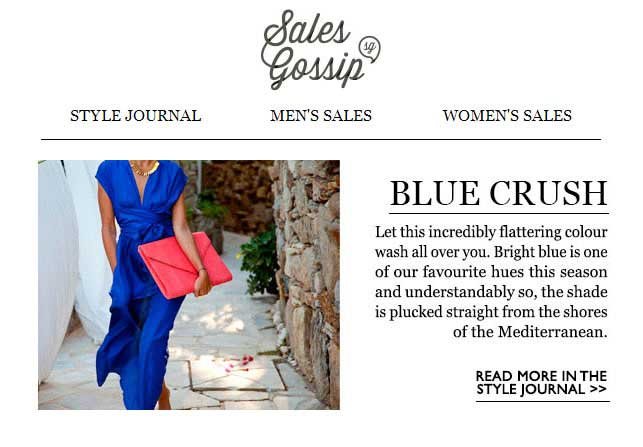 Advertisement featuring a woman in a blue dress holding a red clutch, promoting "Blue Crush" theme on a fashion website with sections for men's and women's sales.