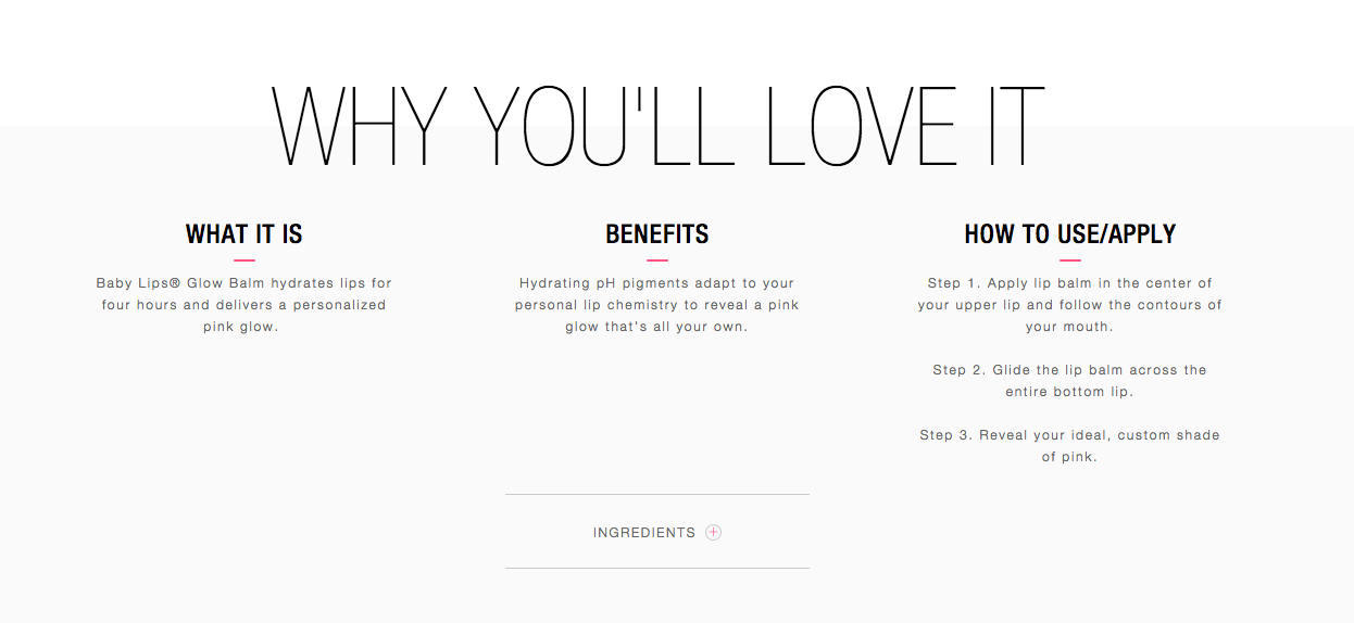 Product benefits and application instructions for a lip balm, highlighting hydration and pH-sensitive color.