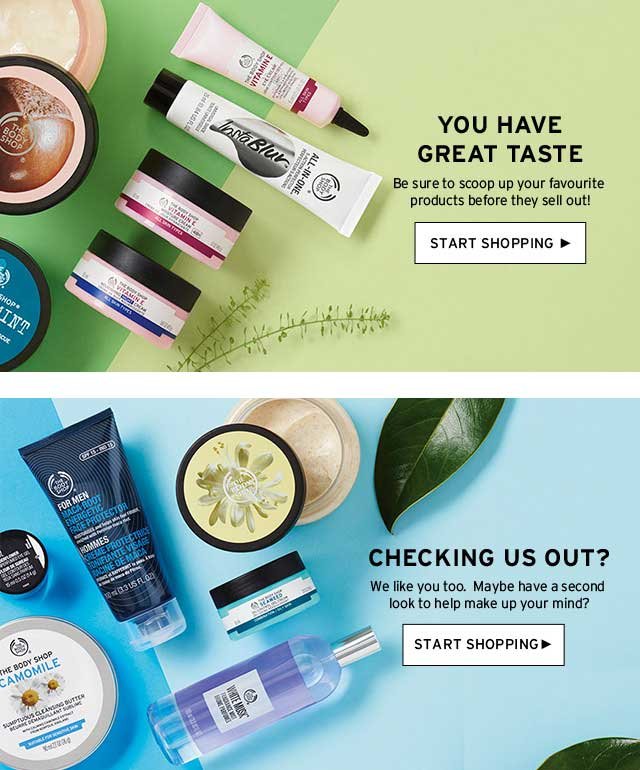 Beauty products from The Body Shop on colored backgrounds with promotional text and shopping prompts.