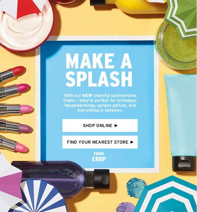 Promotional image featuring cosmetics and summer-themed products with the text 'Make a Splash.' Includes lipsticks, creams, and a call to action for shopping online or finding a store.