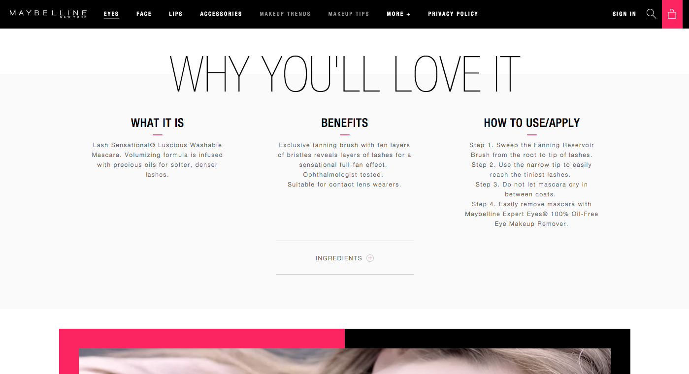 Maybelline website screenshot describing Lash Sensational Luscious Washable Mascara. Details include the product's features, benefits such as a fanning brush for a full-fan effect, and instructions for application and removal.