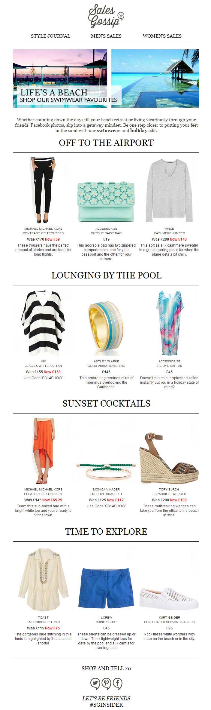Fashion sales newsletter featuring swimwear, clothing, and accessories for travel and leisure. Includes airport outfits, poolside fashion, cocktail attire, and exploration styles. Discounts provided for items like trousers, bags, sweaters, kaftans, s