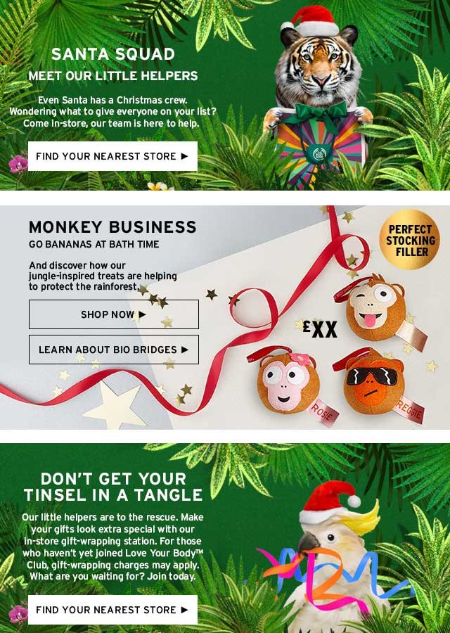Holiday-themed advertisement featuring animals in Christmas hats, promoting bath-time products labeled "Monkey Business" and gift-wrapping services. Includes festive decorations, ribbons, and stars. Offers buttons to find the nearest store and shop o