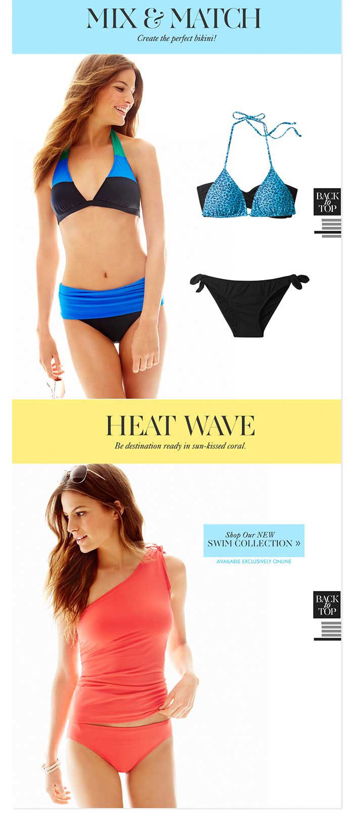 Swimwear collection advertisement featuring mix-and-match bikinis and a coral swimsuit.