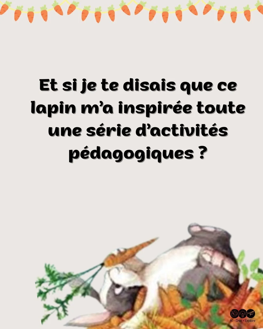 🐰🥕 Ce petit lapin-l&agrave;&hellip;
m&rsquo;a inspir&eacute;e bien plus que je pensais🧡!!

L&rsquo;album Trop de carottes est une vraie p&eacute;pite.

Derri&egrave;re l&rsquo;histoire toute simple, on parle de :
✨ partage
✨ espace
✨ amiti&eacute;