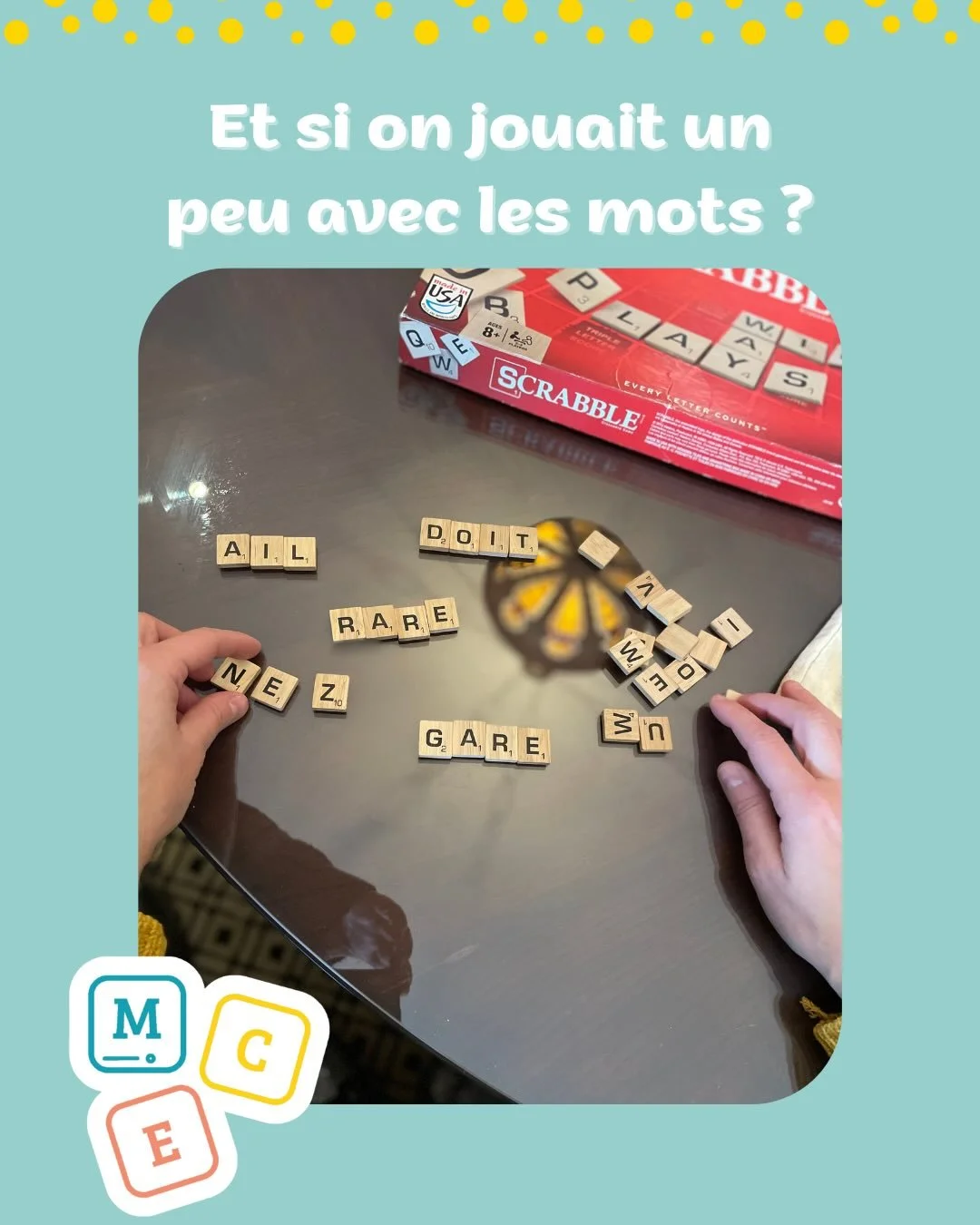 🔠 Et si on jouait un peu avec les mots ?

Aujourd&rsquo;hui, c&rsquo;est la Journ&eacute;e mondiale du Scrabble !!

J&rsquo;utilise souvent mes lettres 🔠 de Scrabble en tutorat pour apprendre autrement 🧡
Manipuler, essayer, cr&eacute;er&hellip; et