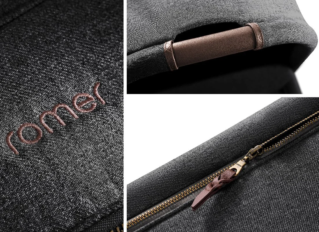 A faux leather handle grip and zipper pull.