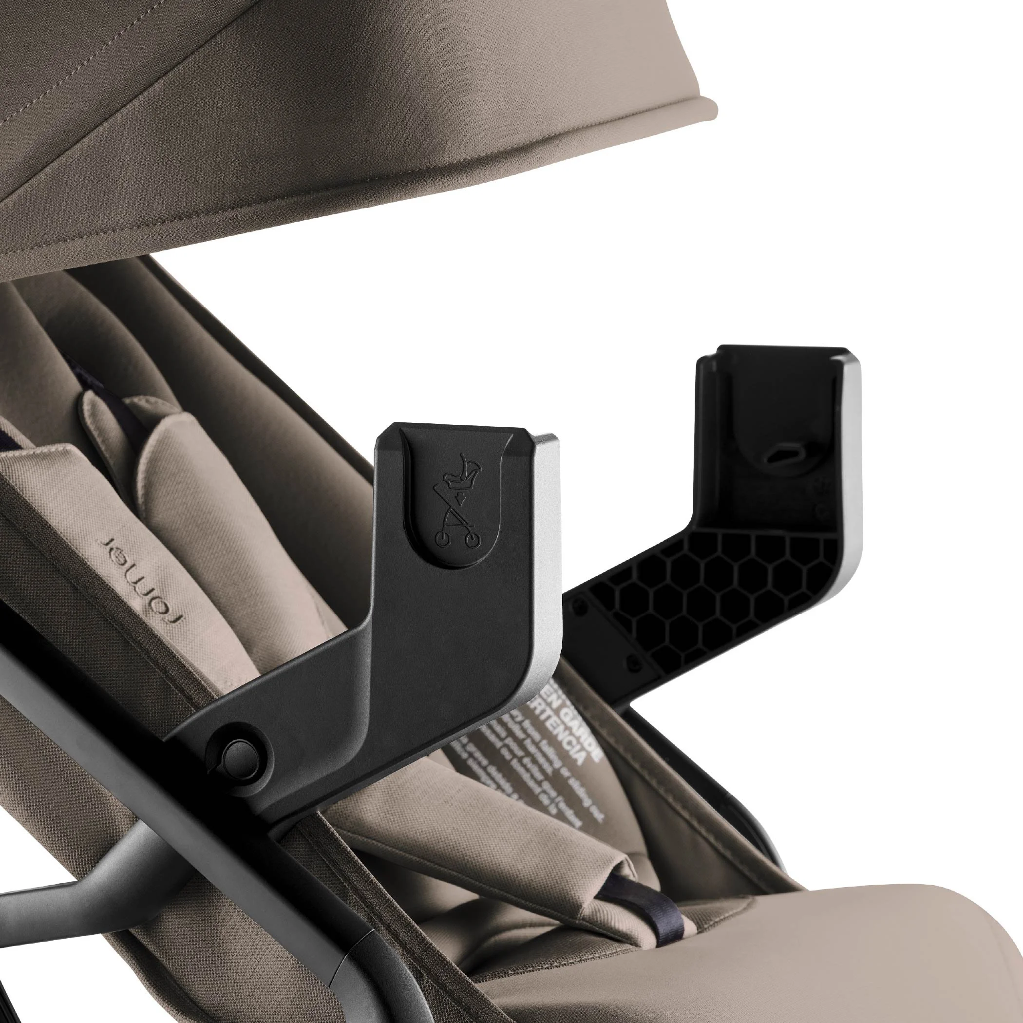 A tan stroller with black infant car seat adapters attached to the side of the frame. (Copy)