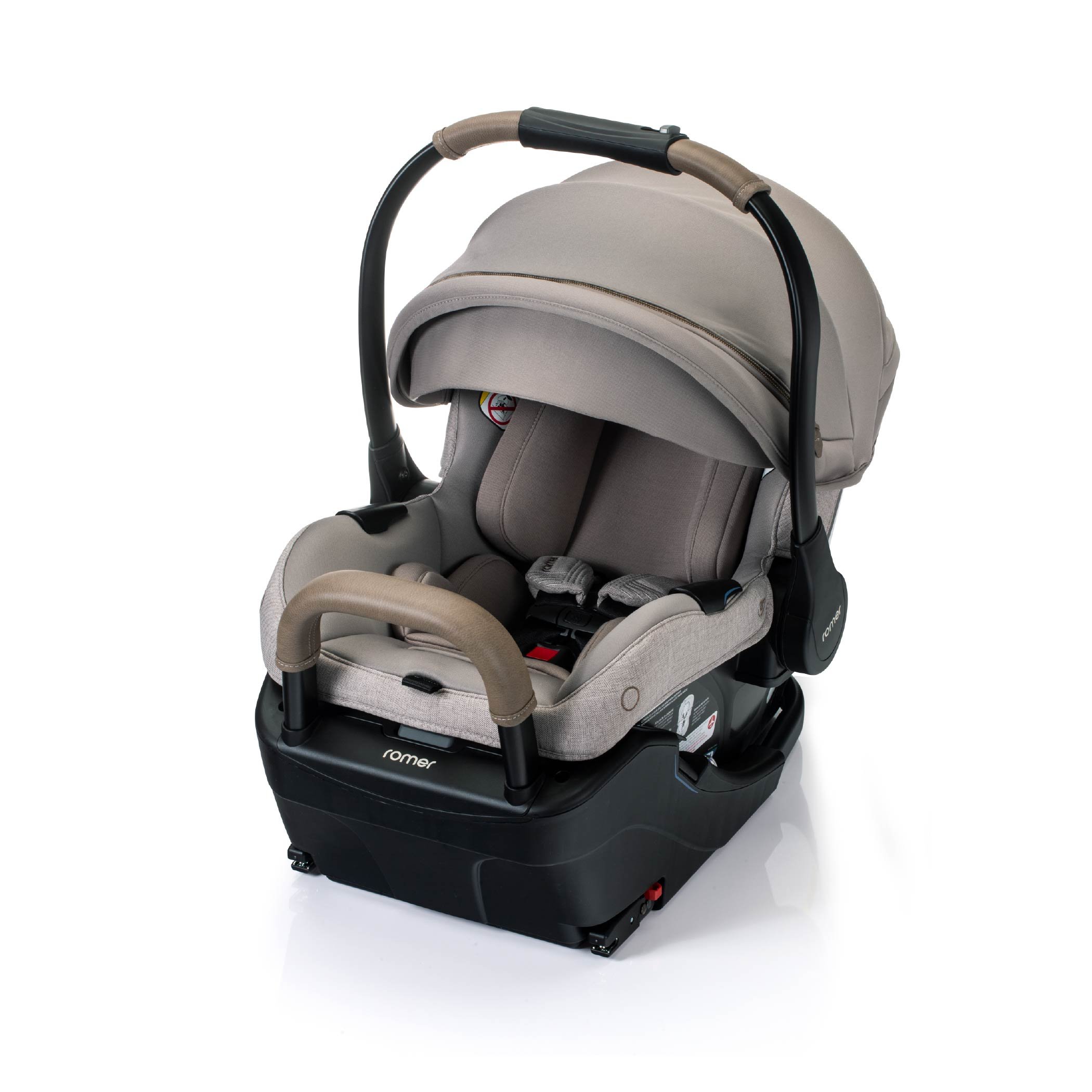 A greige infant car seat and base with a canopy, anti-rebound bar, and carry handle.