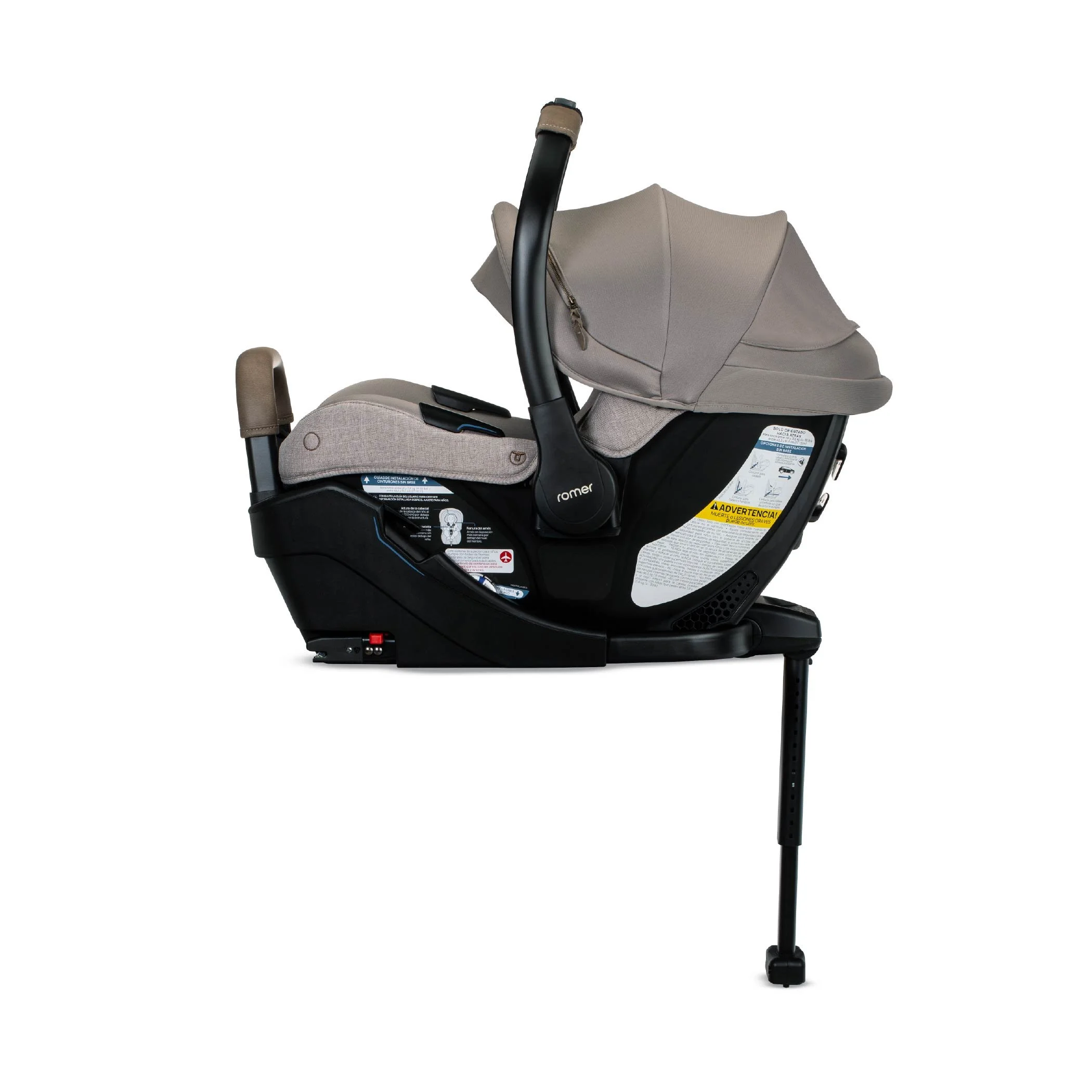 An infant car seat and base with a beige canopy, carry handle, load leg, and anti-rebound bar.