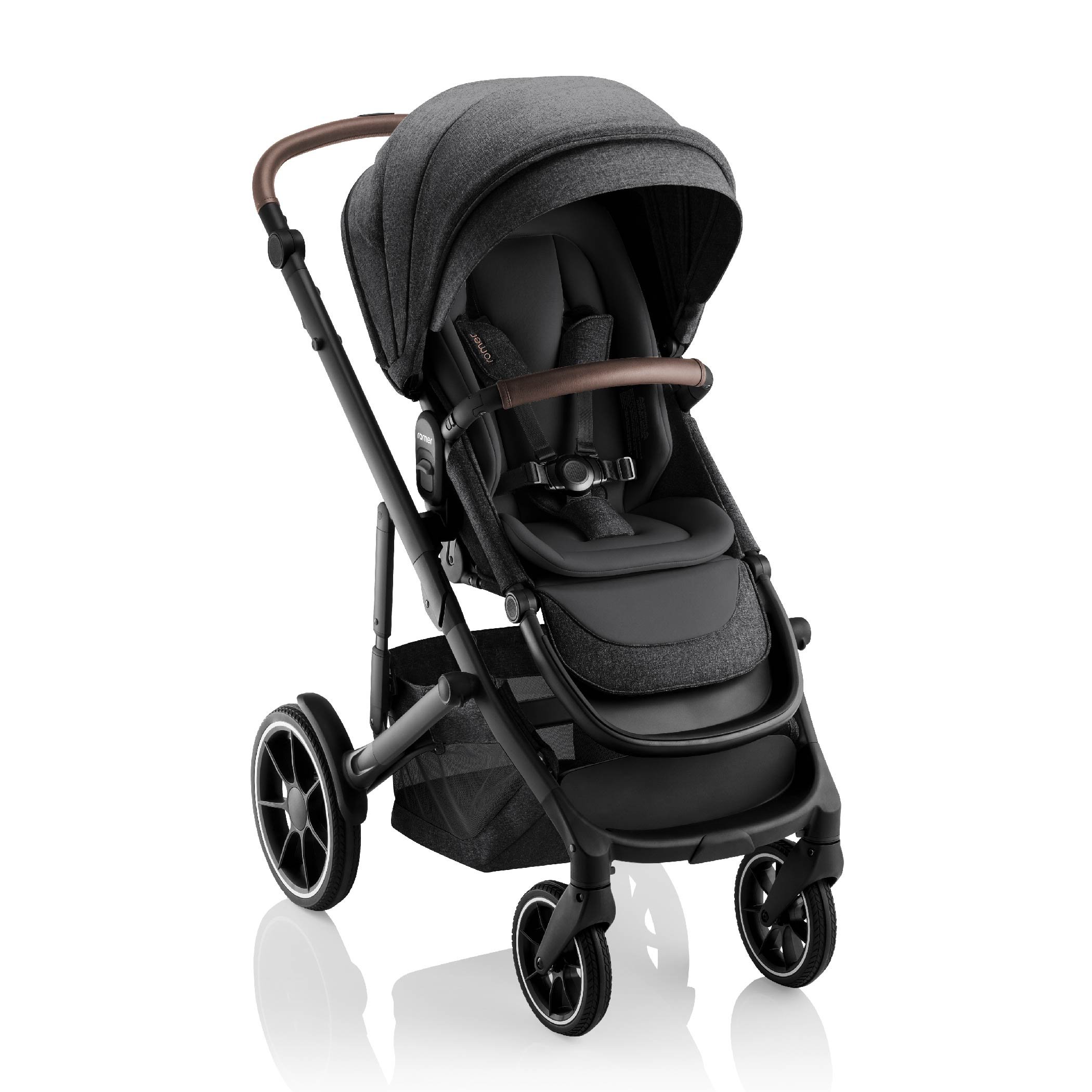 Black baby stroller with leather on the handlebar and bumper bar.