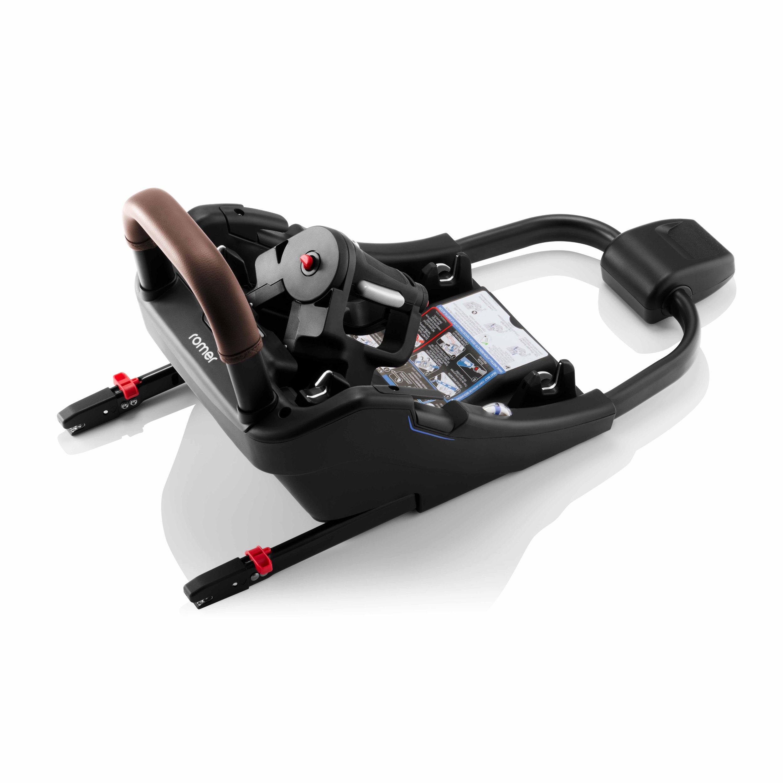 An infant car seat base with lower anchor connectors, an anti-rebound bar, and a lock-off mechanism.