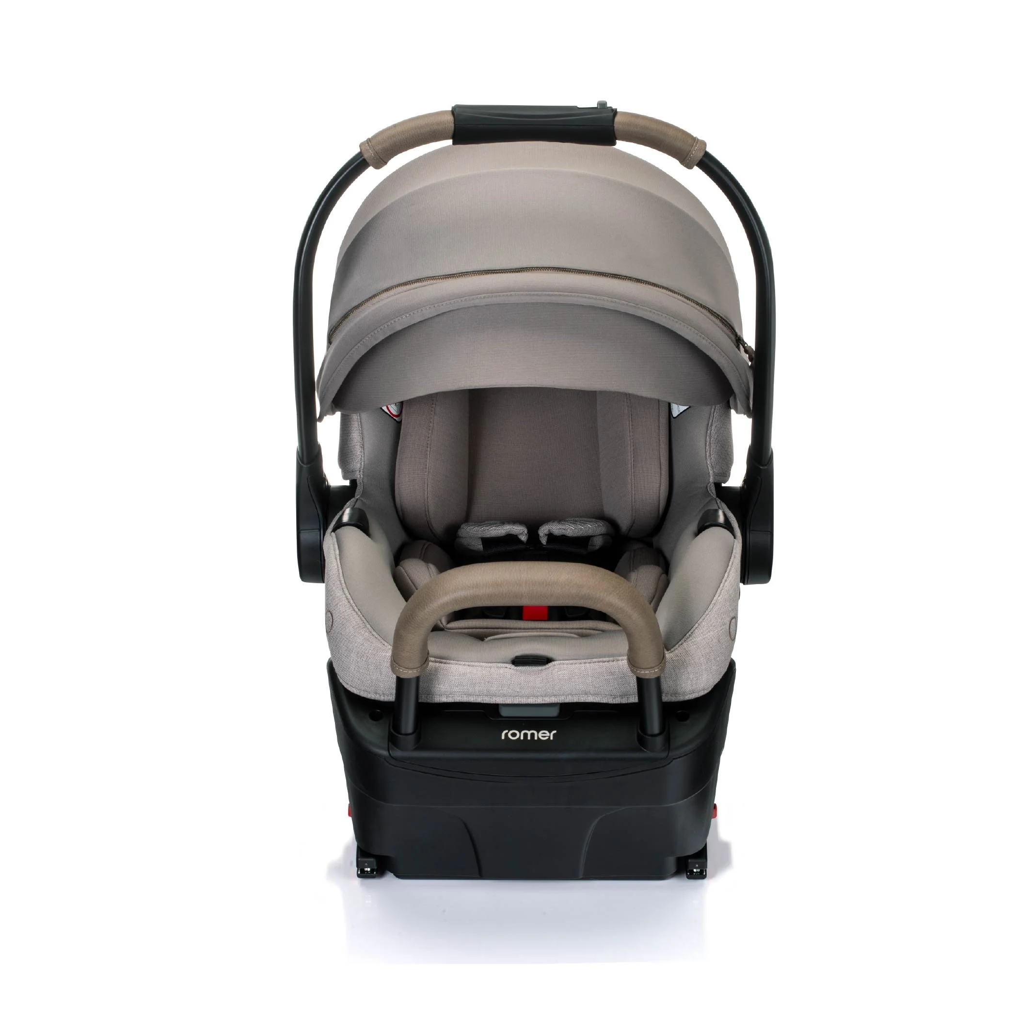 A greige infant car seat and base with a canopy, anti-rebound bar, and carry handle.