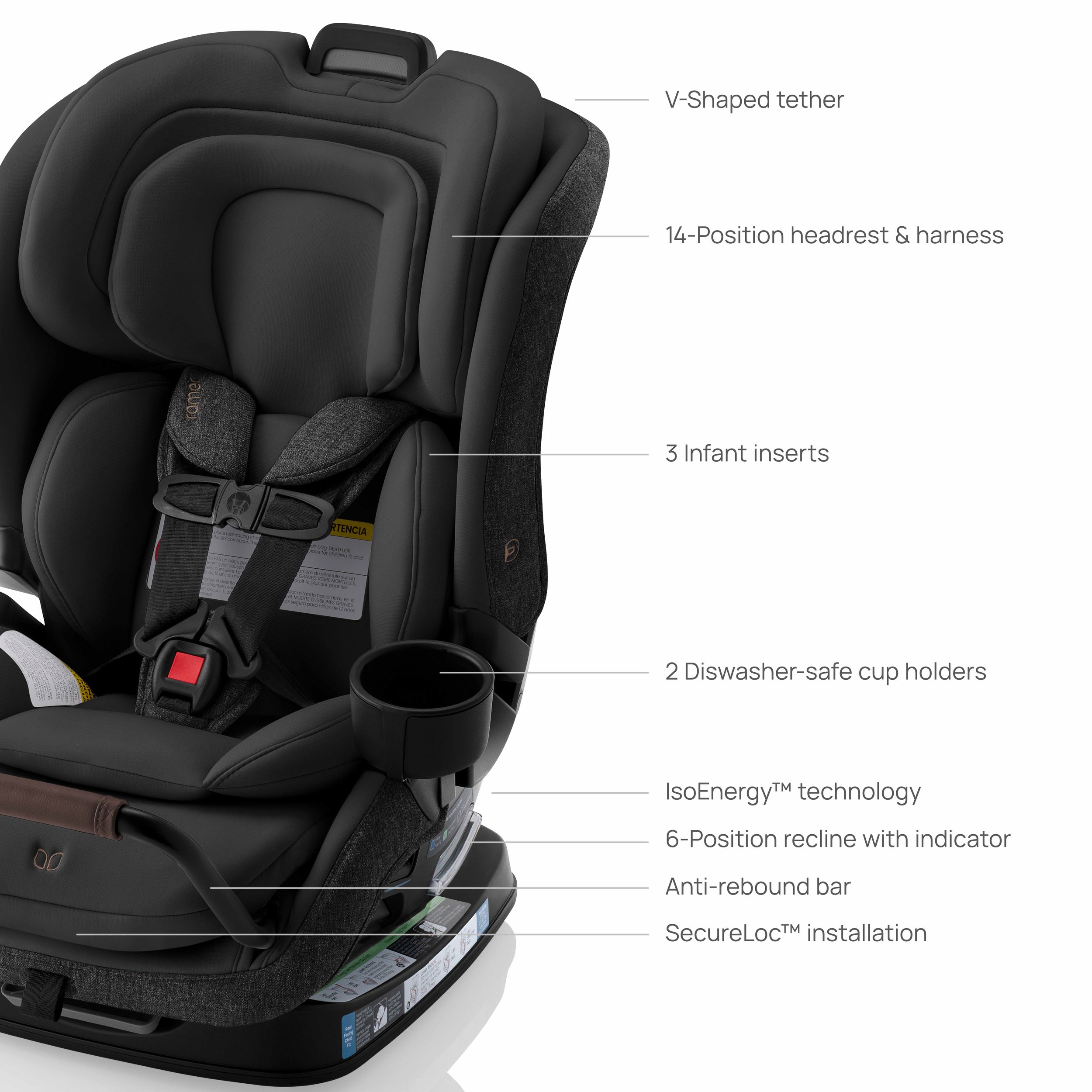 V-shaped tether. 14 position headrest. 3 inserts. Cupholders. IsoEnergy. Six position recline. Anti-rebound bar. SecureLoc.