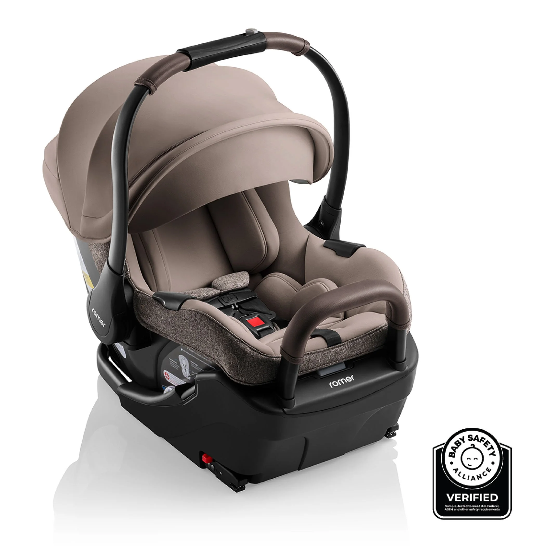 Baby Safety Alliance Verification Seal next to a brown infant car seat and base with a canopy, anti-rebound bar, and carry handle.