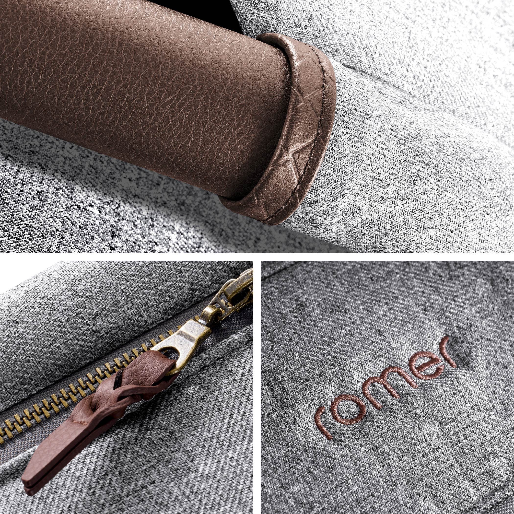 A faux leather handle grip and zipper pull.
