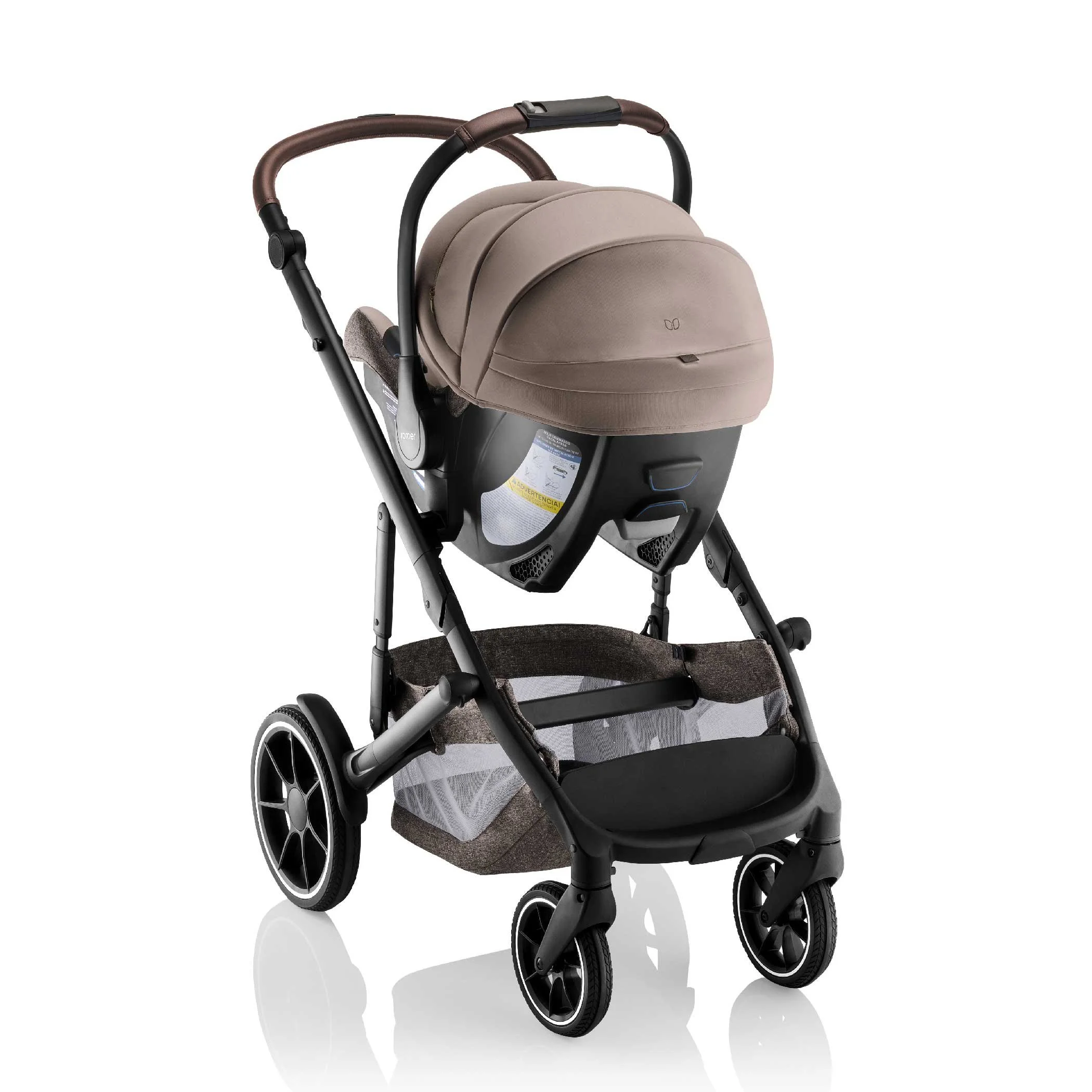 A stroller with an infant car seat attached.