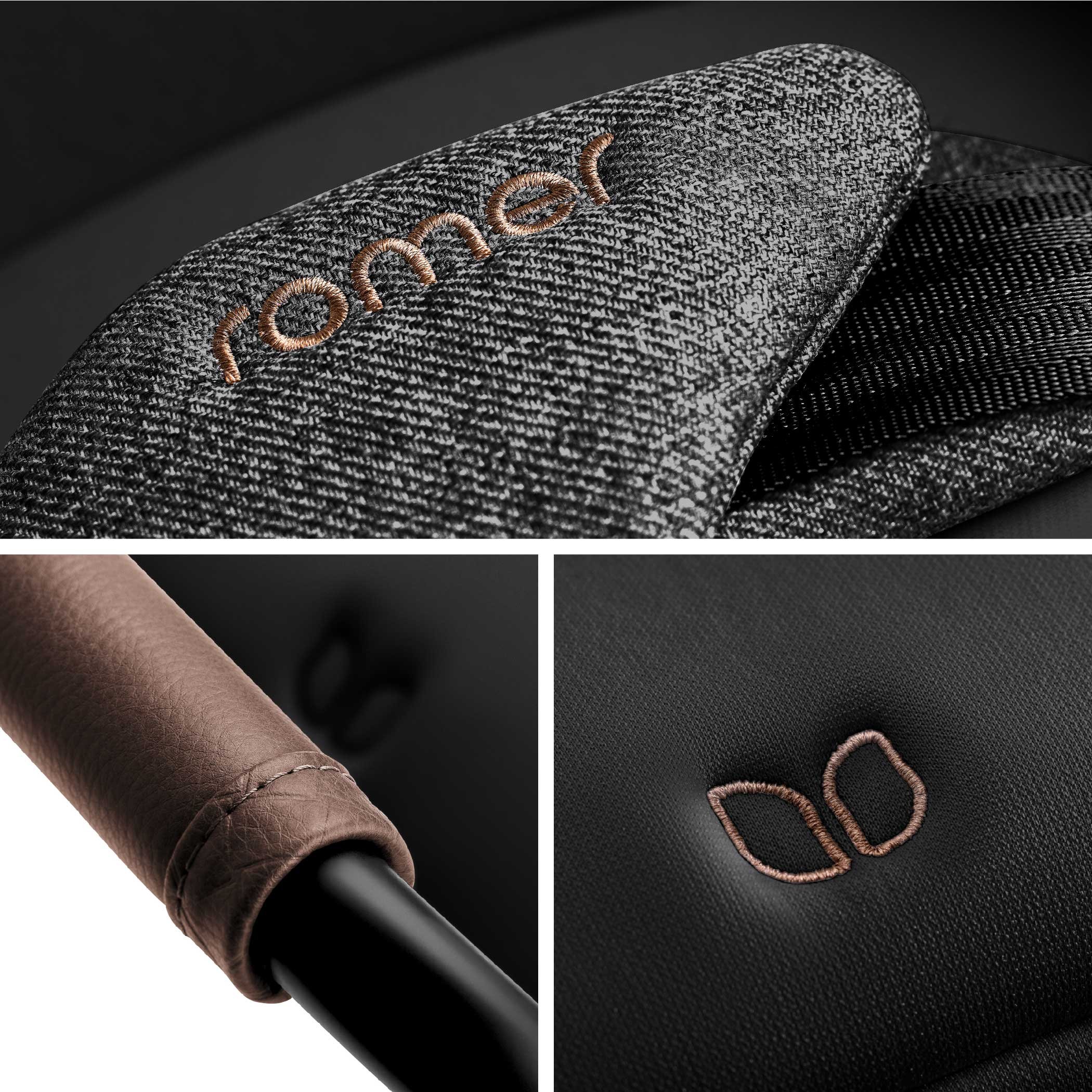 Textured fabric with brown stitching.