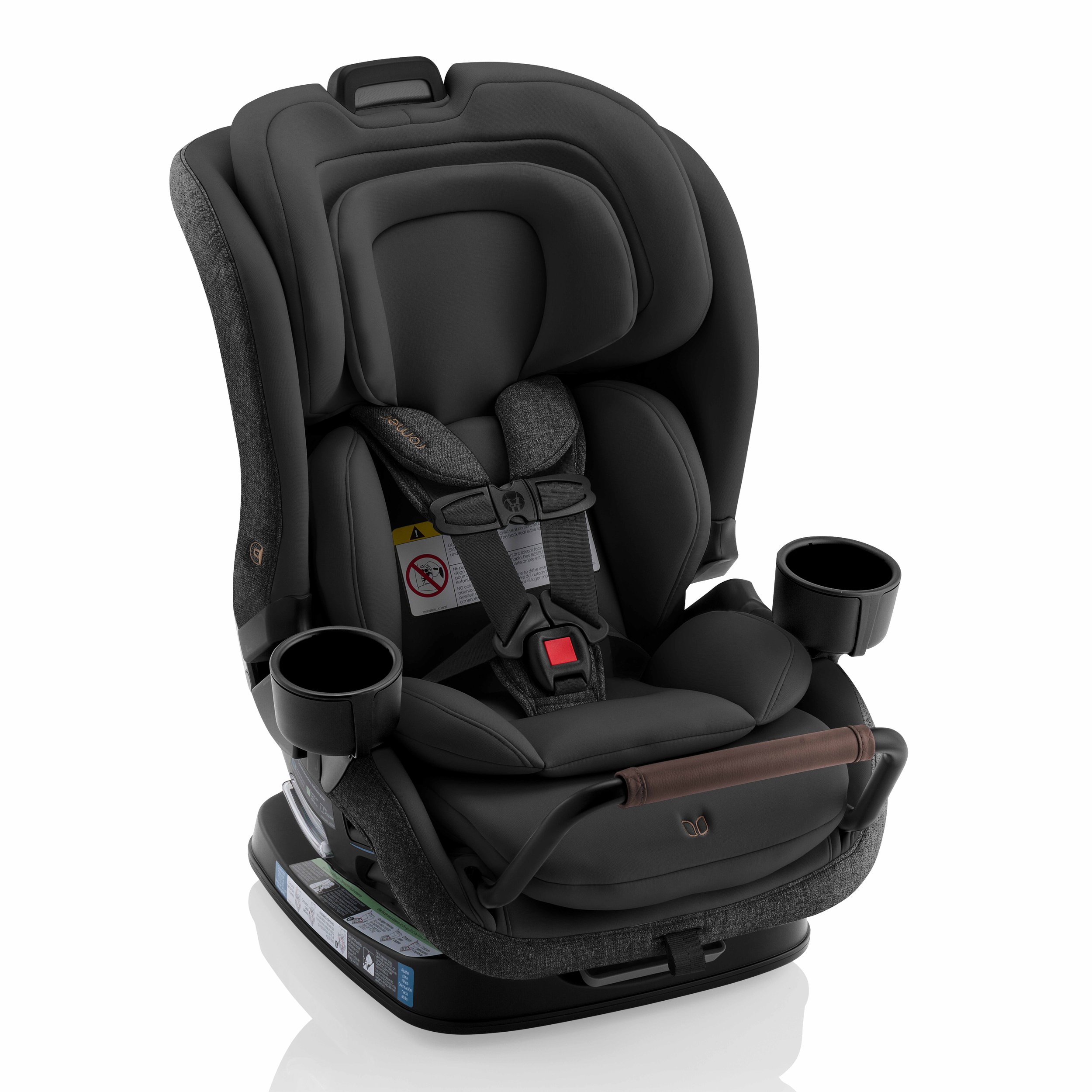 A black convertible car seat with an anti-rebound bar, a 5-point harness, and cupholders.